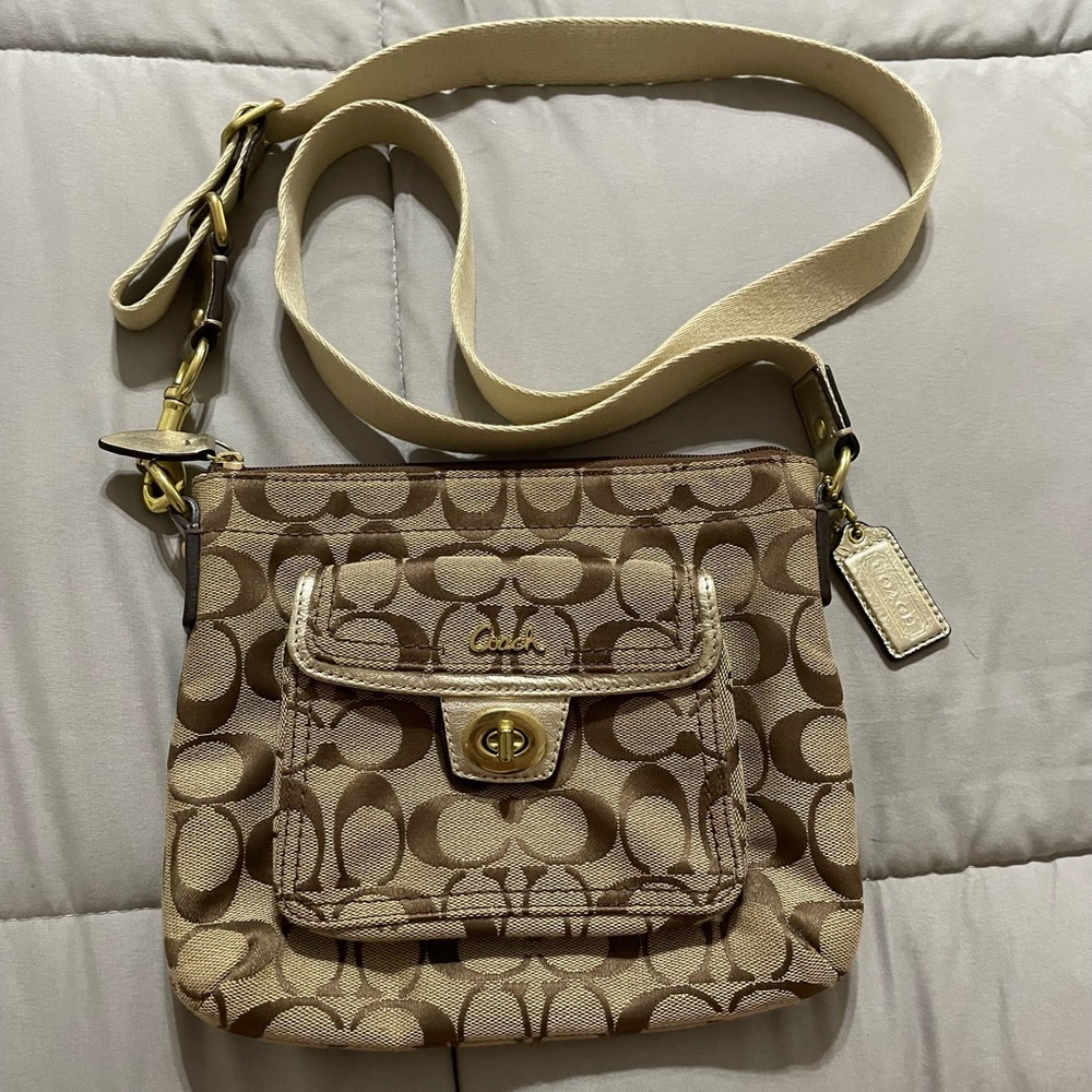 Coach Signature Monogram Tan Crossbody Bag